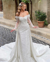 Luxurious Long Ivory Off-the-shoulder Lace Beaded Long Sleeve Wedding Gown With Train
